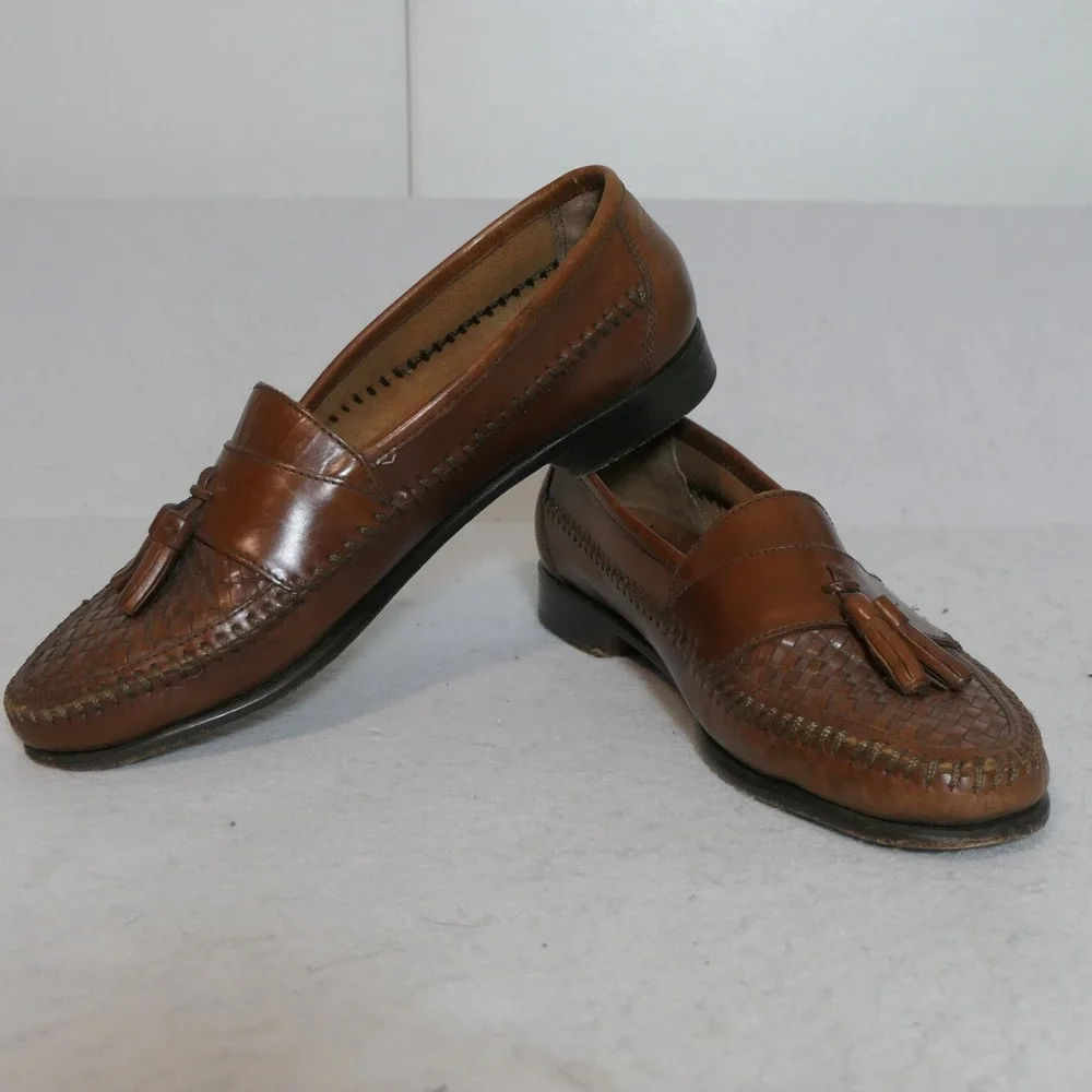 G.H. Bass Mens Sherman Tassel Loafers 10.5M Brown Woven Leather Academia 8453